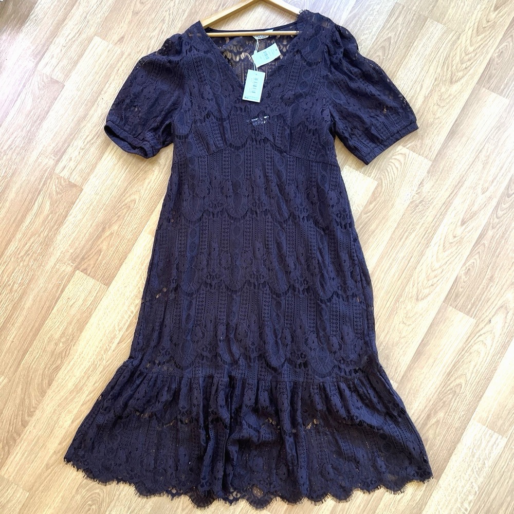 NWT Estelle Womens Dress Maxi Plus Size 3X Lace Overlay Brown Fairy Sheer Floral